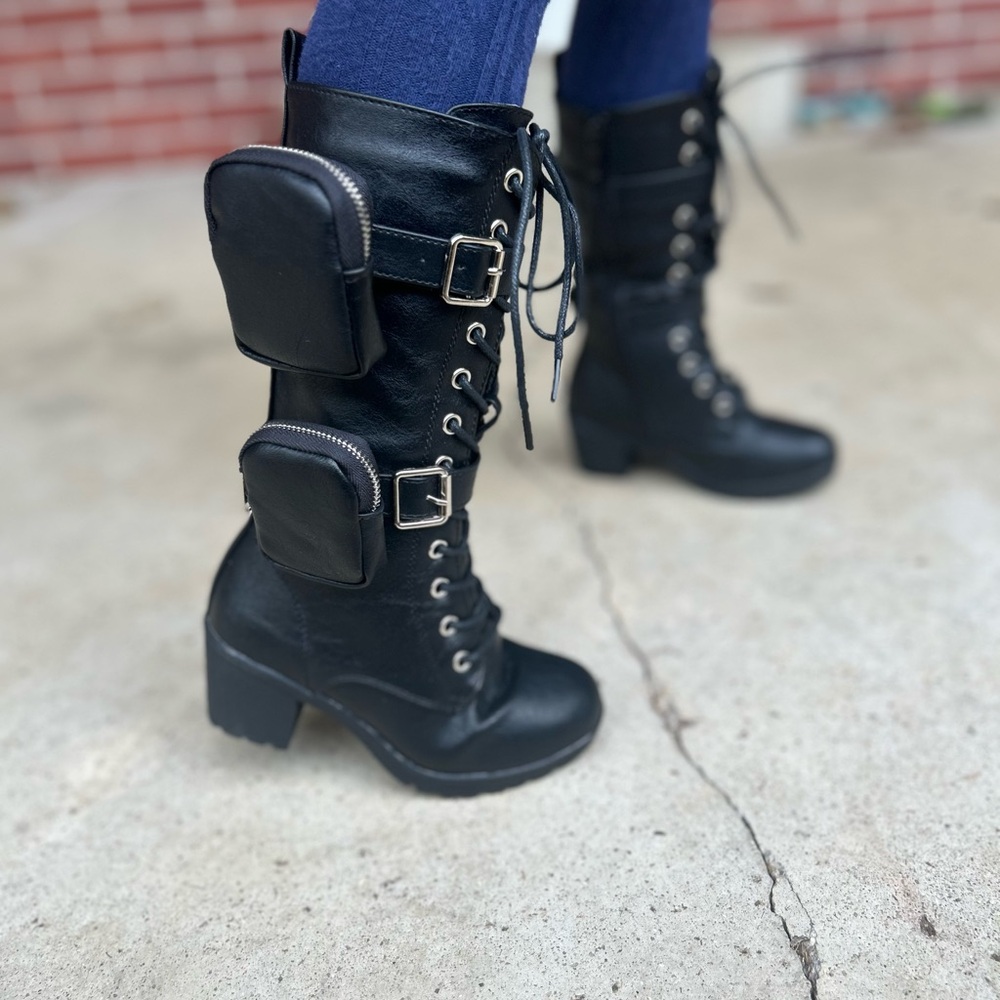 Black Lace-Up Combat Boots with Pockets Kids